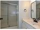 Small bathroom with a shower and updated vanity at 17810 Half Moon Ln # Q, Cornelius, NC 28031