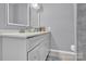 Double vanity bathroom with gray walls and white cabinets at 6436 Mallard View Ln, Charlotte, NC 28269