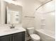 Modern bathroom featuring a vanity with a sink, a toilet, and a bathtub with a shower, providing essential amenities at 320 Ferebee Pl # Brx0021, Charlotte, NC 28213