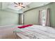 Bedroom with ceiling fan, neutral walls, and window coverings at 6801 Cinnamon Cir, Mint Hill, NC 28227