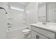 Bathroom with shower/tub combo and gray vanity at 8336 Acadia Pkwy, Sherrills Ford, NC 28673