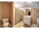 Small bathroom featuring single vanity and shower with curtain at 3814 Watson Church Rd, Monroe, NC 28110