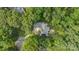 Aerial view of a secluded home surrounded by mature trees, featuring a long driveway and a patio at 3020 Poplar Hill Rd, Charlotte, NC 28270