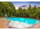 A luxurious pool features a beach style entry and tranquil waterfall feature nestled in mature forest at 127 Tradition Ln, Mooresville, NC 28115