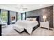 Spacious bedroom with blue upholstered bed and patterned walls at 8611 Frank Grier Rd # 1, Charlotte, NC 28215