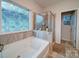 Bathroom with soaking tub, shower, and patterned window at 209 Meyers Ridge Rd, Cramerton, NC 28032