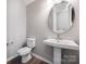 Clean powder room with a pedestal sink, modern faucet, and stylish mirror at 5703 Allburn Pkwy, Concord, NC 28027