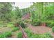 Spacious backyard with brick accents, green plants, and garden featuring a charming brick home in a lush, wooded area at 715 Saint Cloud Dr, Statesville, NC 28625