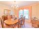 Elegant dining room with chandelier, wood table, and striped wallpaper at 1405 Northcrest Dr, Albemarle, NC 28001