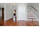 Bright foyer with hardwood floors, staircase and access to other rooms at 106 Cameron Dr, Kings Mountain, NC 28086
