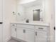 Elegant bathroom featuring a white vanity with black hardware, a spacious mirror, and a glimpse of the shower at 1228 Sage Pine Cir # 12, Clover, SC 29710