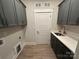 Well-organized laundry room features gray cabinets, white countertop, stainless sink, and wood-look floors at 3229 Mcharney Dr # 30, Harrisburg, NC 28075