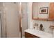 Bathroom with a walk-in shower, small cabinet space and neutral colors at 3021 Davis Park Rd, Gastonia, NC 28052