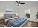 Staged bedroom with a blue comforter set, wall art and hardwood floors at 8503 Foxbridge Dr # 16, Matthews, NC 28104