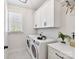 Functional laundry room with a front-load washer and dryer, storage cabinets, and natural light at 3020 Endhaven Terraces Ln # 10, Charlotte, NC 28277