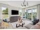 Comfortable living room with stylish decor, a modern chandelier, and a sliding door to an outdoor area at 97 Seven Oaks Lndg, Belmont, NC 28012