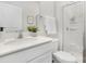 Modern bathroom featuring a sleek glass-enclosed shower, white cabinets, and a stylish vanity with a potted plant at 104 Rustling Waters Dr, Mooresville, NC 28117