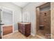 Bathroom with a vanity, a walk-in shower, and tiled floors at 5942 Carmel Rd, Charlotte, NC 28226