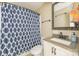 Bathroom with blue patterned shower curtain and vanity with a granite counter at 5300 Green Rea Rd, Charlotte, NC 28226
