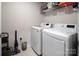 Well-equipped laundry room with modern washer and dryer, and convenient shelving for storage at 4280 Stream Dale Cir, Concord, NC 28027