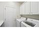 Laundry room with white cabinets, white walls, door to outside, and modern front-loading washer and dryer at 3015 Duclair Ln, Fort Mill, SC 29707