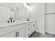 Modern bathroom featuring a double vanity with white countertops and dark fixtures and cabinetry at 440 Nathaniel Way # Brx0041, Charlotte, NC 28213