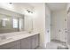 Bathroom featuring double sink vanity, and glass-enclosed walk-in shower at 4233 Poplin Grove Dr, Indian Trail, NC 28079