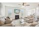 Comfortable living room featuring a fireplace, ceiling fan, and hardwood floors at 4233 Poplin Grove Dr, Indian Trail, NC 28079