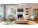 Cozy living room features a fireplace, built-in shelving, comfortable seating, and a view of the outdoors at 145 Sari St, Troutman, NC 28166