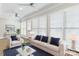 Bright living room featuring hardwood floors, large windows with blinds, and comfortable modern furnishings at 5916 Bridger Ct, Charlotte, NC 28211