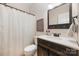 Bathroom featuring a toilet, sink, mirror, and shower with neutral tiling at 4741 Nijinsky Ct, Charlotte, NC 28216