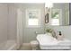 Updated bathroom features a subway tile shower, pedestal sink, and penny round floor at 1422 Morningside Dr, Charlotte, NC 28205