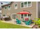 A patio with colorful outdoor furniture, an umbrella, a grill and view to a lawn at 16840 Rudence Ct, Charlotte, NC 28278