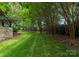 Expansive backyard with lush green lawn, mature trees, and a trampoline at 4231 Fox Brook Ln, Charlotte, NC 28211