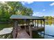 Wooden boat dock on the lake with metal roof and dual boat lifts at 4145 Cindy Ln, Denver, NC 28037