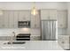 Kitchen features stainless appliances, sleek countertops, and stylish pendant lighting for modern look at 5840 Pittmon Ln, Kannapolis, NC 28081