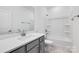 Bathroom features a gray vanity with solid surface countertops, and a shower-tub combo at 1617 Blanche St, Charlotte, NC 28262