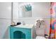 Charming bathroom with teal vanity and patterned shower curtain at 317 Kerr Nw St, Concord, NC 28025