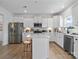 A modern kitchen boasts white cabinets, stainless steel appliances, and a center island with barstool seating at 136 Ella Claire Dr, York, SC 29745