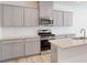 Elegant kitchen boasts stainless steel appliances, granite countertops and gray cabinets at 4057 Lawnview Dr, Charlotte, NC 28269