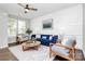 Spacious living room with blue sofa, wood accents, and hardwood floors at 11712 Blessington Rd, Huntersville, NC 28078