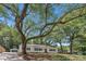 View of the home nestled amongst mature trees, with a long driveway leading to a detached garage at 1003 Woodland Dr, Gastonia, NC 28054