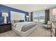 Main bedroom with upholstered headboard, gray bedding and blue accent wall at 318 Bezelle Ave, York, SC 29745