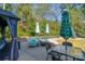 Inviting backyard pool with lounge seating, umbrellas, and outdoor dining area surrounded by lush trees at 2657 Cheverny Pl, Concord, NC 28027