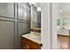 Powder room with dark gray walls, marble vanity, and gold accents at 4813 Cambridge Crescent Dr, Charlotte, NC 28226