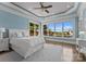 Bedroom with lake views features tray ceilings and large windows that provide plenty of natural light at 16921 Jetton Rd, Cornelius, NC 28031