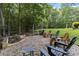 Brick patio with wooded view and a small brick firepit and several chairs for entertaining at 9723 Sedgefield Dr, Waxhaw, NC 28173
