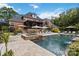 Backyard pool and patio area with lounge chairs and umbrella at 9723 Sedgefield Dr, Waxhaw, NC 28173