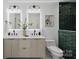 Modern bathroom with double vanity, frameless shower, and green tile at 3216 High Ridge Rd, Charlotte, NC 28270