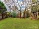 Spacious backyard with lush green grass, mature trees, and a wooden play structure at 501 River Oaks Ln, Charlotte, NC 28226